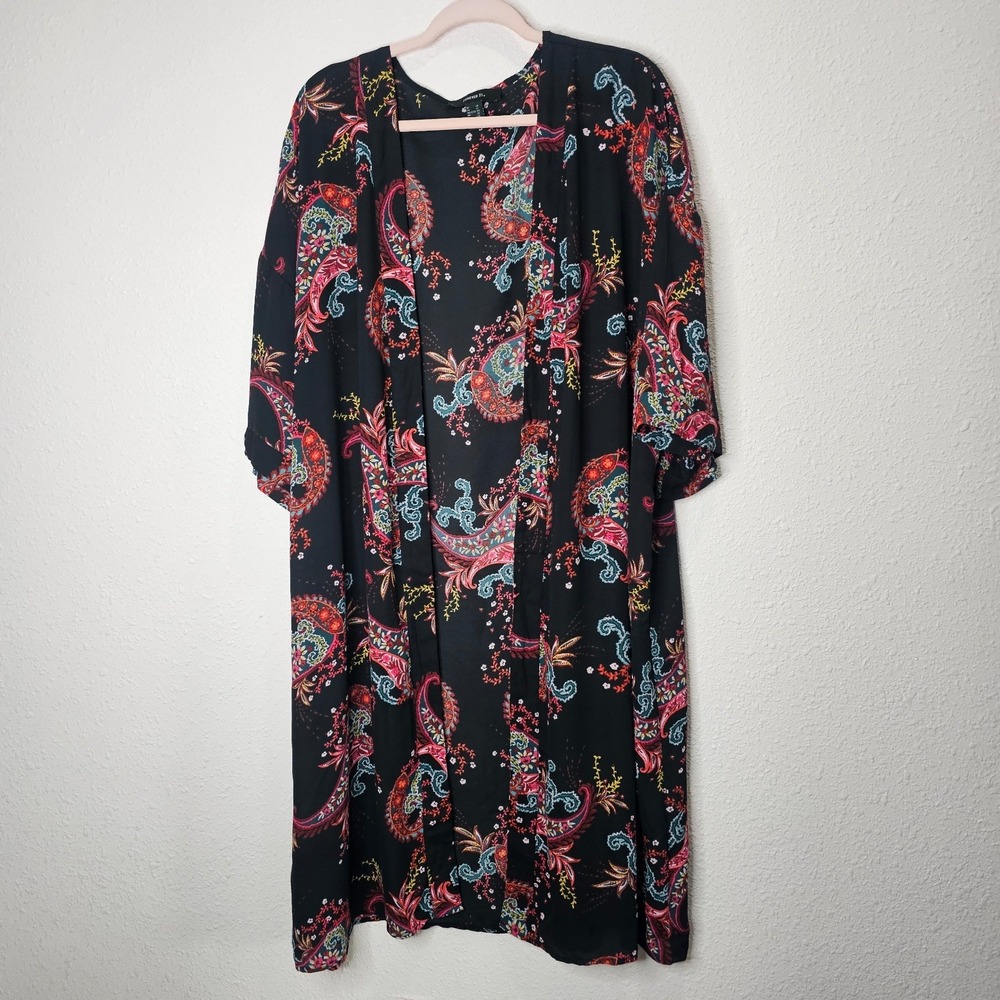 FOREVER 21 PLUS Women's Semi Sheer Black Paisley‎ Chiffon Kimono Duster Size 1X